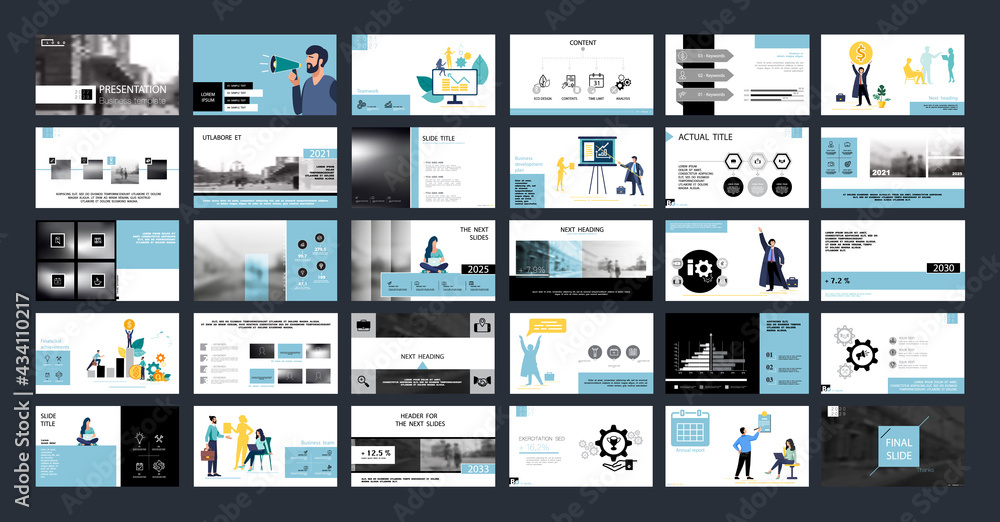 Business presentation, Powerpoint, launch of a new business project. Infographic design template, blue, black elements, white background, set. A team of people creates a business, teamwork. Mobile app - obrazy, fototapety, plakaty 