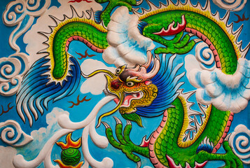 Close up Green dragon statue wall