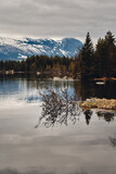 Fototapeta Góry - Spring in Hemsedal, Norway. The snow is melting and summer is coming. Beautiful landscape in a over casted day. 