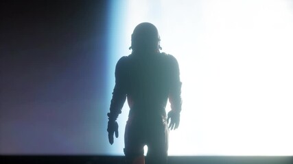 Wall Mural - following shot of astronaut in space suit confidently walking on spaceship