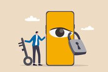 Data Privacy For Internet User, Protect Application To Track Or Follow User Behavior Concept, Man Holding Key After Lock The Spy Eye On Smartphone To Stop Watching Private Information.