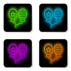 Poster - Glowing neon line Balloons with ribbon icon isolated on white background. Happy Easter. Black square button. Vector