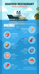 Poster - Seafood menu. Delicious exotic restaurant marine products fishes lobster oyster crab garish design templates with place for text