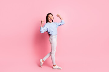 Sticker - Full length body size profile side view of pretty cheerful girl going having fun rejoicing isolated over pink pastel color background