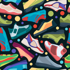 Poster - Sneakers pattern. Textile design with athletic streetwear sneakers for sport runners garish vector seamless background