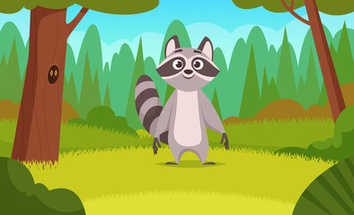 Raccoon in forest. Cartoon animals walking in wood happy cute wild raccoon mammals exact vector background illustration