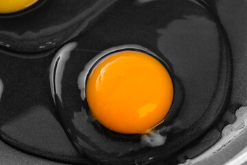 Raw egg with bright yellow yolk and transparent white with a clot in a black frying pan. Shining reflection. The concept of the process of cooking a simple dish for breakfast. Close-up