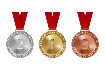 sport medals. set of bronze golden silver awards on red ribbons shiny achievement challenge prizes d