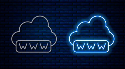 Glowing neon line Software, web development, programming concept icon isolated on brick wall background. Programming language and program code on screen laptop. Vector