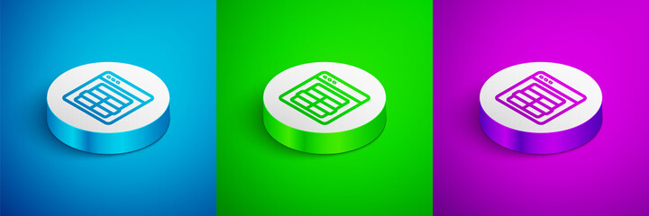 Isometric line MySQL code icon isolated on blue, green and purple background. HTML Code symbol for your web site design. White circle button. Vector