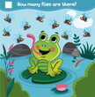 Counting game with cartoon frog and flies for children. How many flies are there? Count the flies. Educational illustration for kids. Vector illustration.