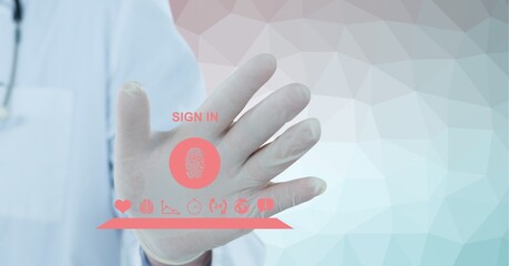 Sticker - Composition of male doctor using virtual screen with red medical icons on white background