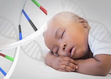 View Of Black Baby Sleeping Against White Background And Dna Animation Around