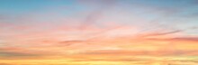 Clear Blue Sky. Glowing Pink And Golden Cirrus And Cumulus Clouds After Storm, Soft Sunlight. Dramatic Sunset Cloudscape. Meteorology, Heaven, Peace, Graphic Resources, Picturesque Panoramic Scenery