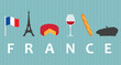 travel to France concept, flag, Eiffel tower, cheese, wine, baguette and beret - vector illustration