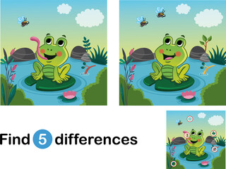 Wall Mural - Find 5 differences education game for children. A happy frog in the nature. Educational game for kids. Vector illustration.