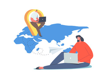 Wall Mural - Characters Remote Working Concept. Telework and Global Outsourcing, Employees Work from Home Sitting on World Map