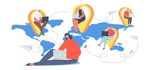 Wall Mural - Global Outsourcing Team Concept, Businesspeople with Laptop Sitting at Navigation Pins on World Map Working Distantly