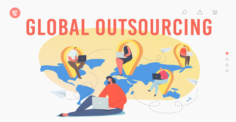 Wall Mural - Global Outsourcing Landing Page Template. Businesspeople with Laptop Sitting at Navigation Pins on World Map