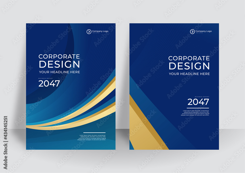 Brochure blue gold cover design layout set for business and construction. Abstract geometry with colored corporate vector illustration on background. Good for annual report, industrial catalog design. - obrazy, fototapety, plakaty 