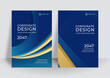 © SyahCreation - Brochure blue gold cover design layout set for business and construction. Abstract geometry with colored corporate vector illustration on background. Good for annual report, industrial catalog design.