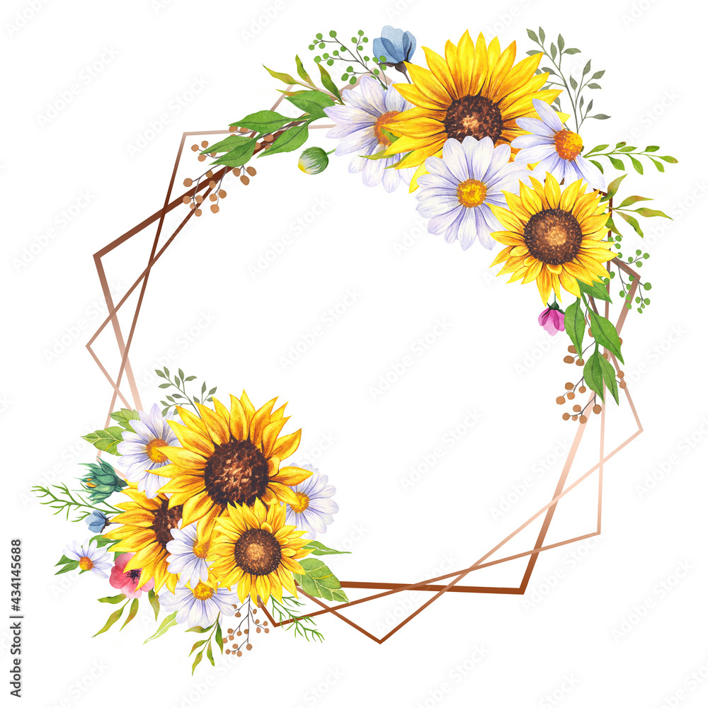 Floral Frames with Wildflowers and Leaves. Watercolor sunflower frame ...