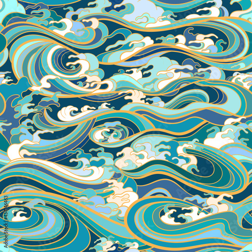 Dekoracja na wymiar  morski-wzor-z-falami-wodnymi-w-stylu-orientalnym