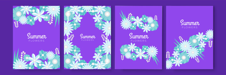 Blue purple white summer paper cut flower floral template background. Blue summer sale banner template. Liquid abstract geometric green bubble with tropic flowers