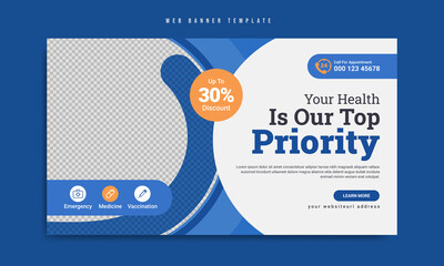 Wall Mural - medical healthcare service web banner template design. website home page layout with logo & icon. he