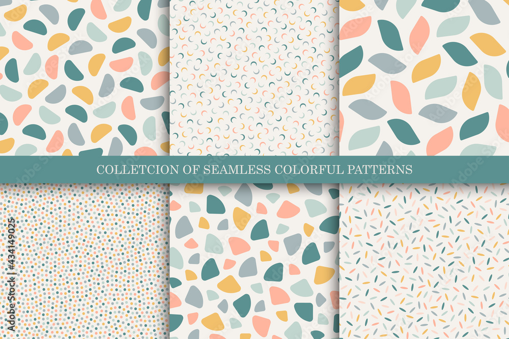 Collection of vector seamless colorful patterns - vintage design. Trendy delicate textile backgrounds. Simple unusual prints - obrazy, fototapety, plakaty 