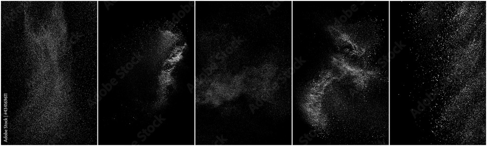 Set of distressed white grainy texture. Dust overlay textured. Grain noise particles. Snow effects pack. Rusted black background. Vector illustration, EPS 10.    - obrazy, fototapety, plakaty 