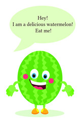 Sticker - Cartoon watermelon. Watermelon with eyes, arms and legs. A living character. Food for children.