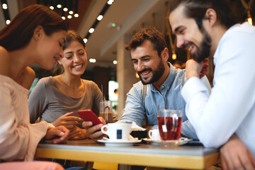 Sticker - Group of young beautiful people hanging out in a cafe and use a smartphone