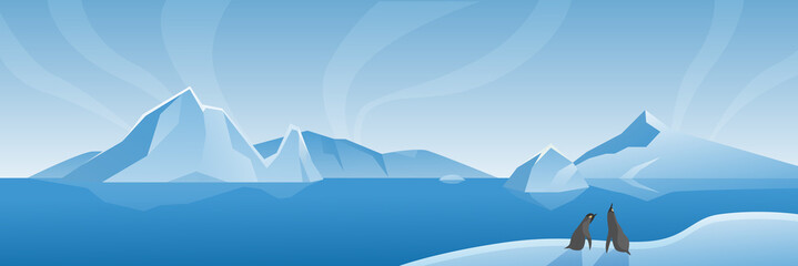 Wall Mural - Arctic Antarctic wide landscape panorama vector illustration. Cartoon marine life natural scene with iceberg, ice glacier and penguins, scenic northern icy nature background