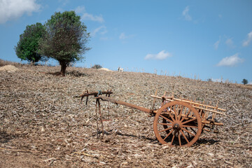 An old wooden wagon with two wheels on a field in Myanmar