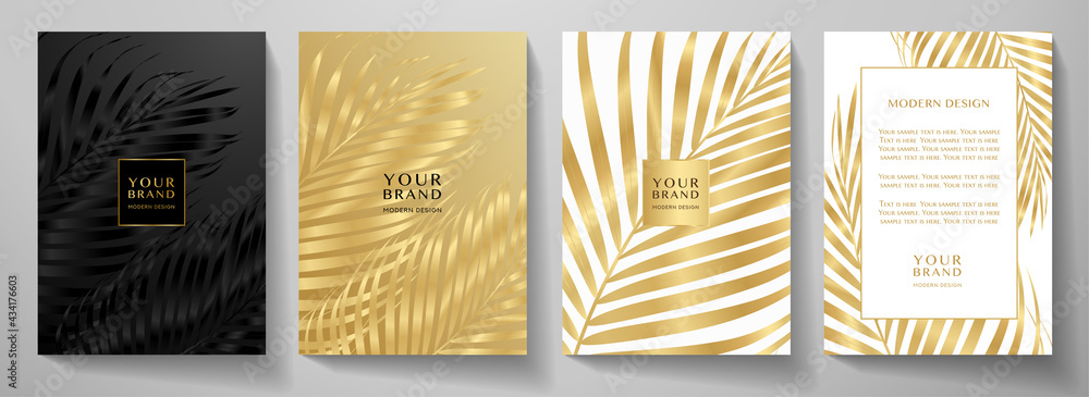 Tropical cover design set with palm branch (golden leaf) print on background. Holiday black and gold exotic pattern for vector wedding card, luxury menu template, summer holiday poster - obrazy, fototapety, plakaty 