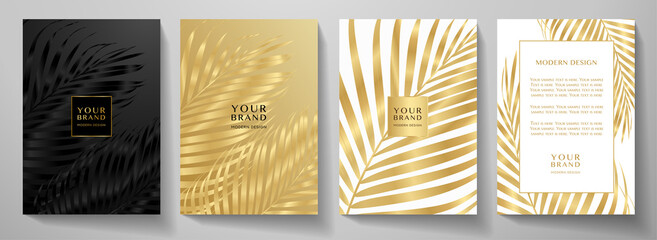 tropical cover design set with palm branch (golden leaf) print on background. holiday black and gold