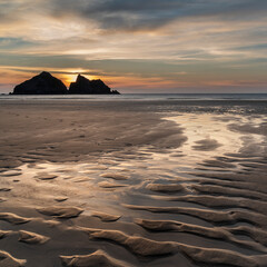 Canvas Print - Absolutely beautiful landscape images of Holywell Bay beach in Cornwall UK during golden hojur sunset in Spring