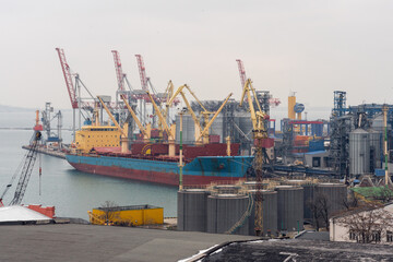 Port cargo crane loads a container onto a cargo ship in a seaport on a cloudy day