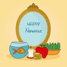 Hand Drawn Happy Nowruz  With Mirror Goldfish Bowl