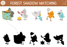 Forest Or Camping Shadow Matching Activity With Cute Animals. Family Nature Trip Puzzle With Birds, Raven With Map, Seagull With Fish. Find The Correct Silhouette Printable Worksheet Or Game. .