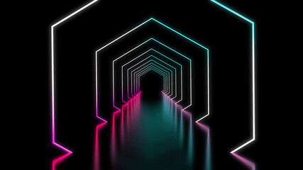 Hexagonal neon background in purple blue colors. Tech background futuristic space tunnel light. Future,black neon cyber abstract art 3d render.