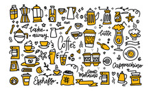 Coffee Color Black White Doodle Big Set. Coffee To Go, Take Away, Coffee Pots, Cups And Design Elements With Lettering.