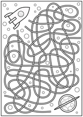 Wall Mural - Coloring maze game with space rocket. Cartoon vector outline labyrinth education puzzle. Find path. Kids activity worksheet.