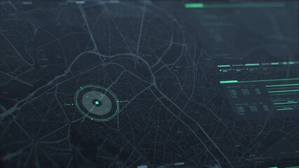 Futuristic security spy program interface. Dynamic modern HUD. GPS location tracking or scanning software. Red marker, indicator moving on map. Satellite view. Hi-tech. 3D Render 4K animation concept