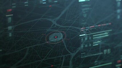 Futuristic security spy program interface. Dynamic modern HUD. GPS location tracking or scanning software. Red marker, indicator moving on map. Satellite view. Hi-tech. 3D Render 4K animation concept