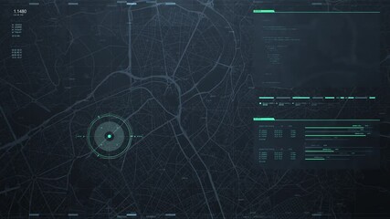 Futuristic security spy program interface. Dynamic modern HUD. GPS location tracking or scanning software. Red marker, indicator moving on map. Satellite view. Hi-tech. 3D Render 4K animation concept
