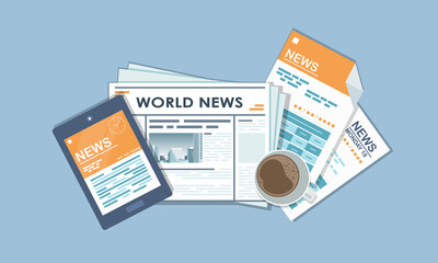 Wall Mural - Vector illustration. Flat header. Online news. Newsletter and information. Business and market news. Financial report and coffee on table