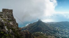 Time Lapse View Of Natural Landmark Lions Head And Table Mountain Cableway In Cape Town, Western Cape, South Africa. 