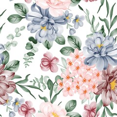 Wall Mural - watercolor flower and leaves seamless pattern